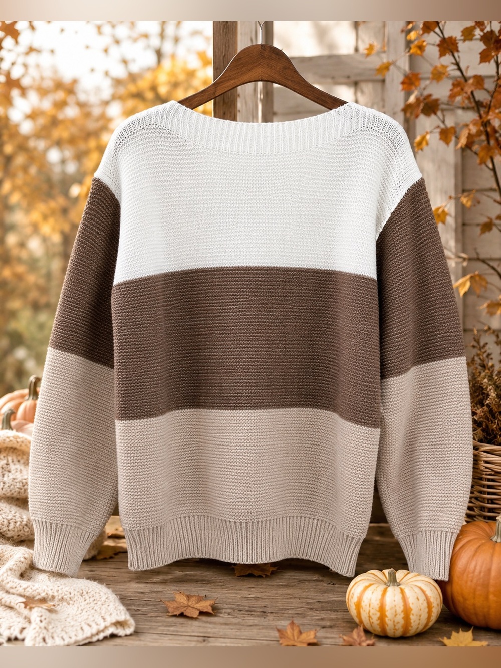SHEIN Colorblock Knit Sweater Brown Cream White Size Medium Cozy Fall Pullover